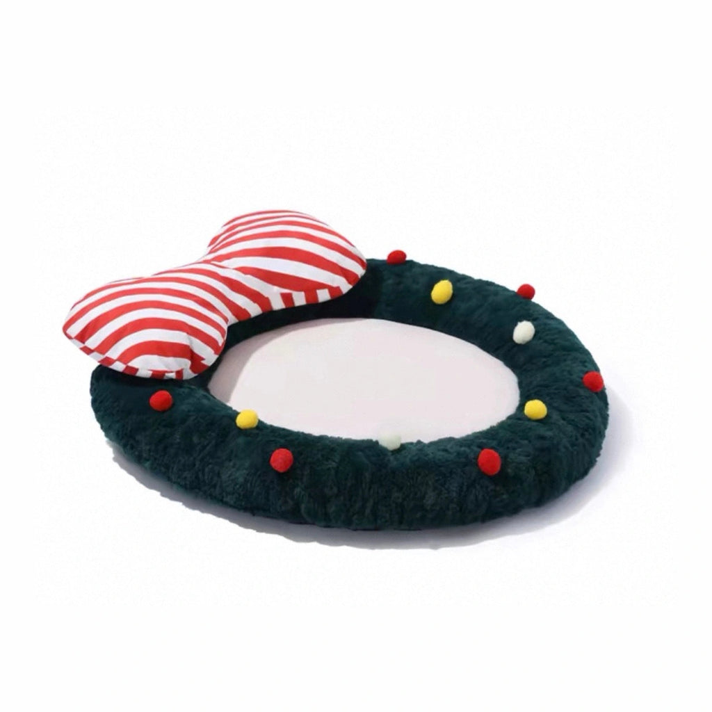 Round green UFBemo Christmas pet bed with striped cushion