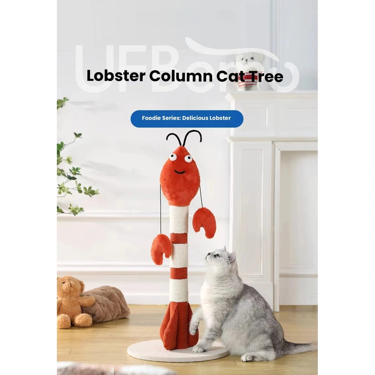Cat sitting beside the lobster-shaped sisal scratching post