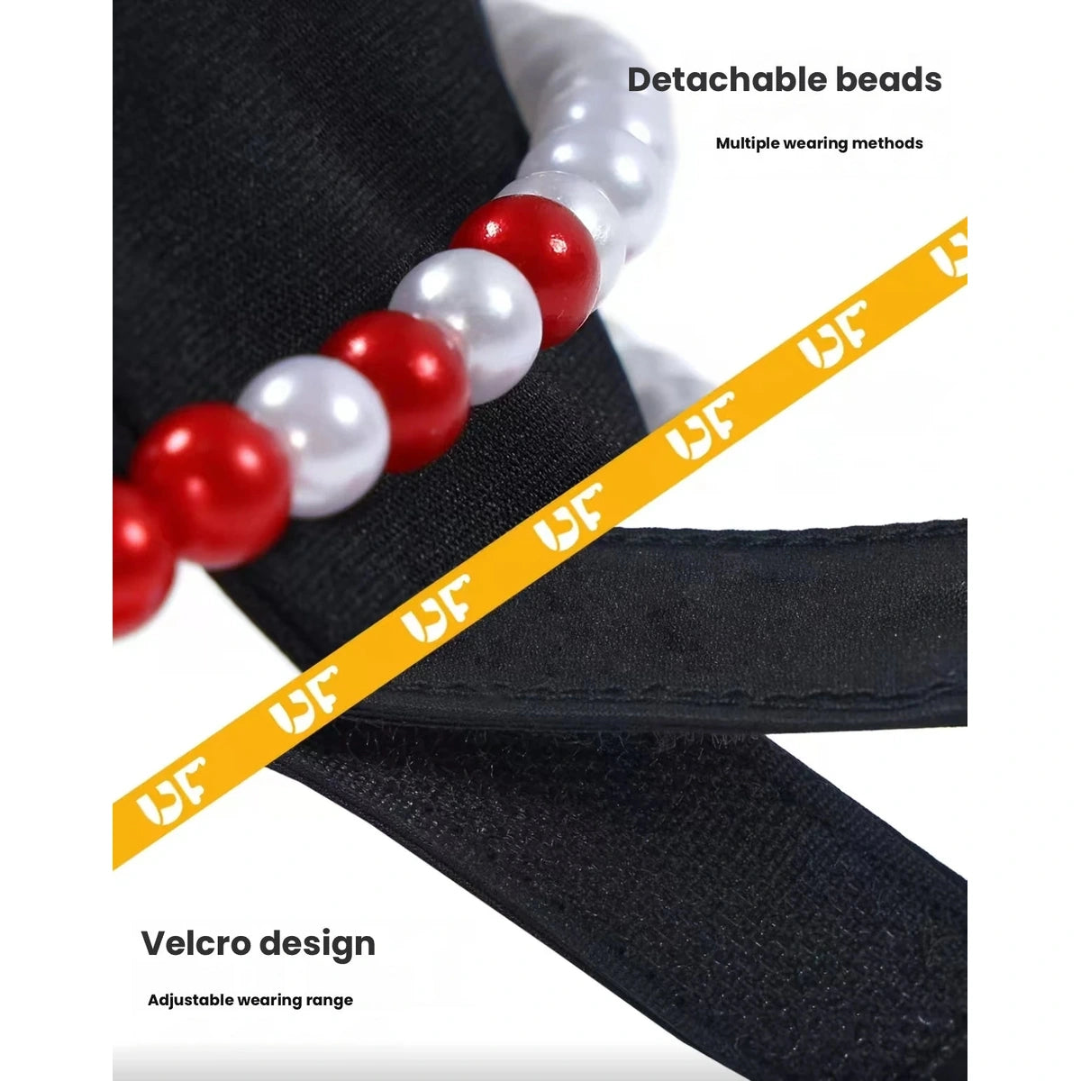 Close-up of removable red and white beads on the pet collar