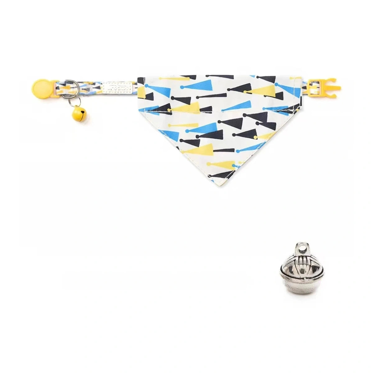 Yellow and blue patterned UFBemo cat bandana collar with bell