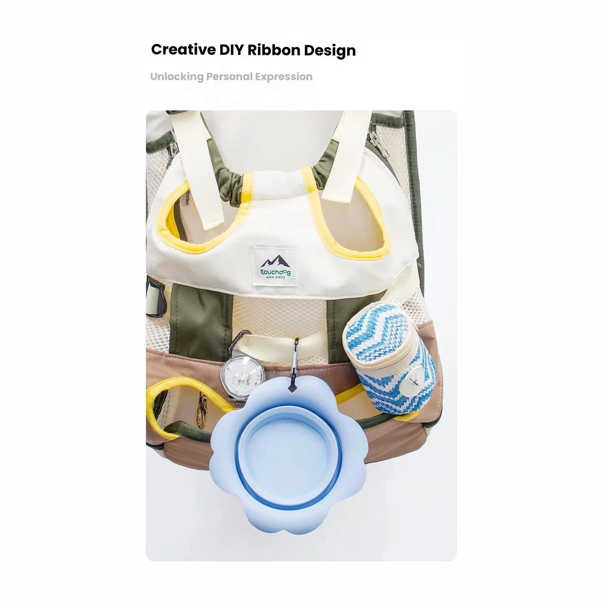 White carrier backpack with side water bottle holder