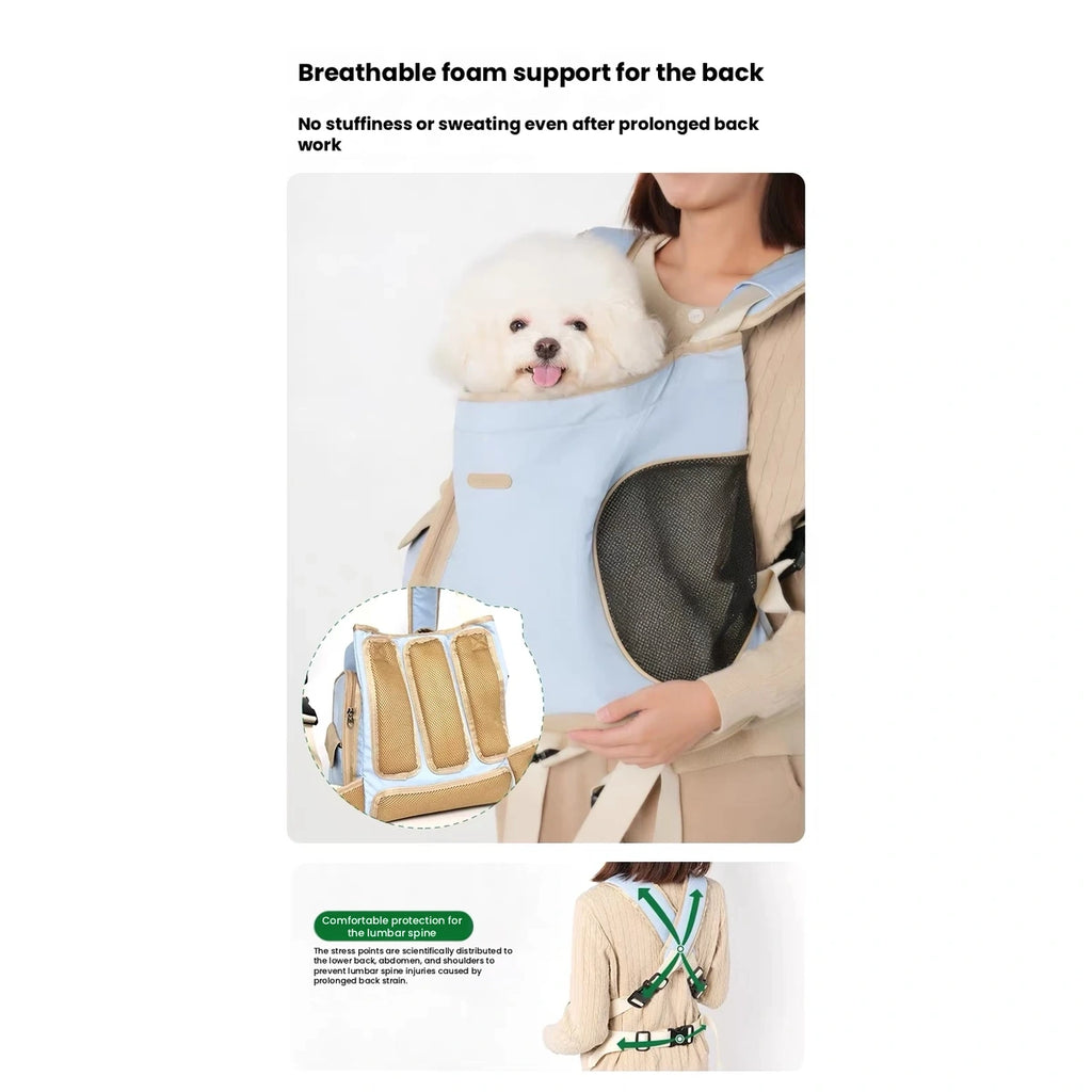 Blue pet carrier carried in front with small white dog