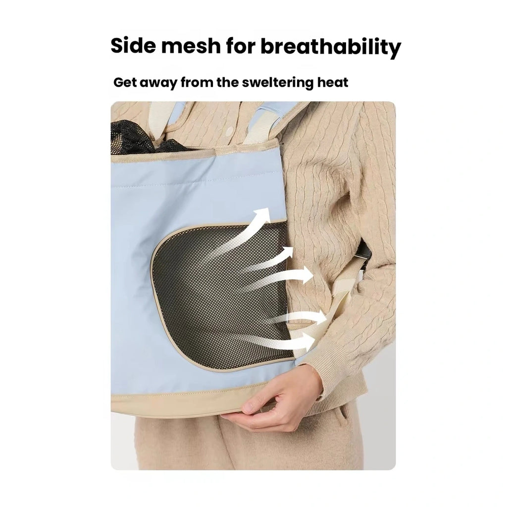 Mesh side panel on blue pet carrier bag