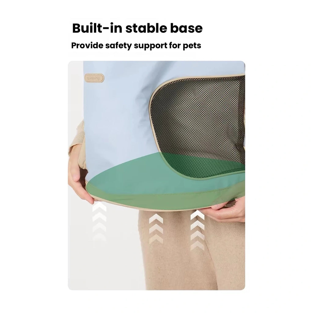 Green base panel on blue pet carrier bag