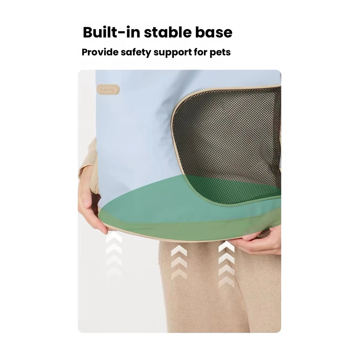 Green base panel on blue pet carrier bag