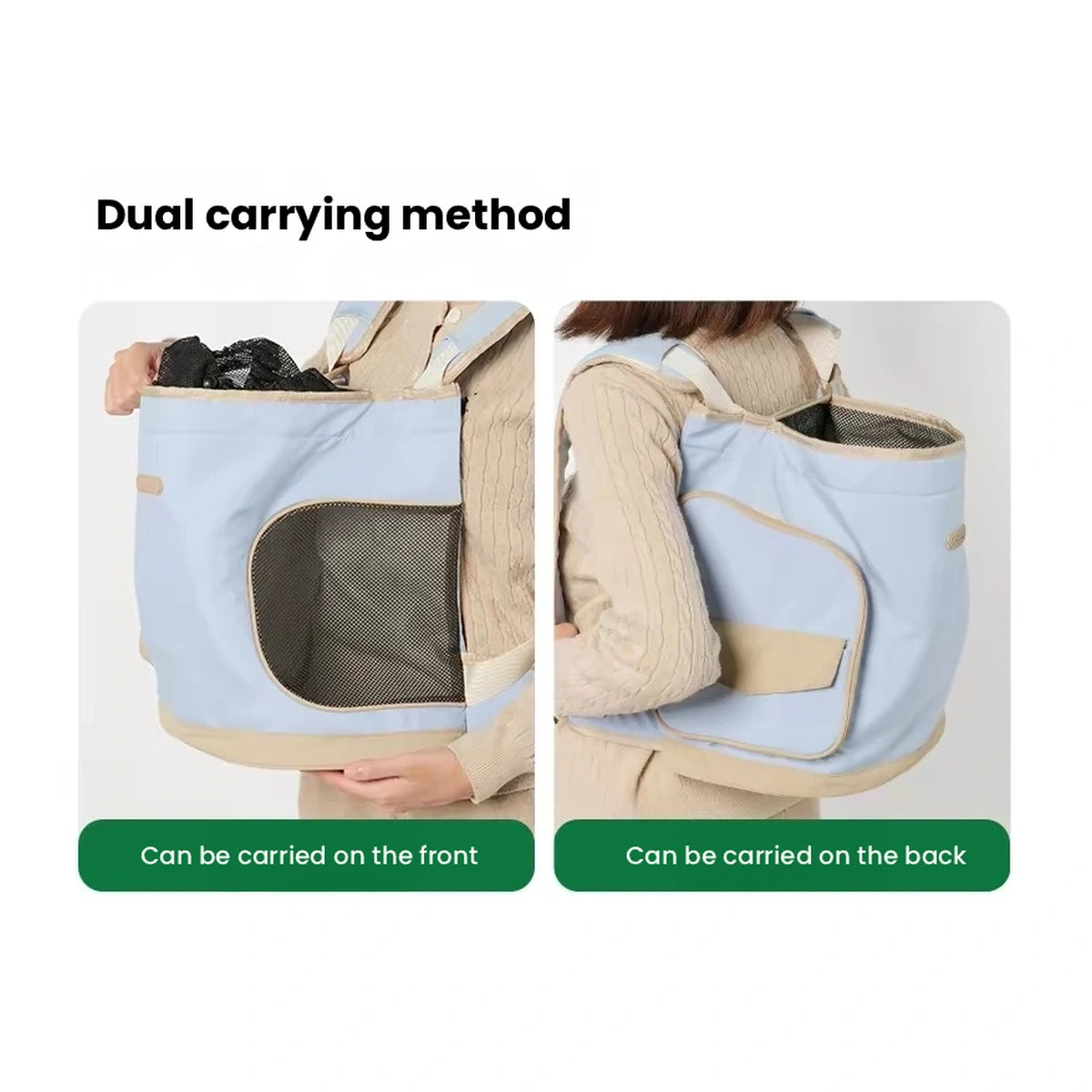 Blue pet carrier bag shown in front and back carry positions