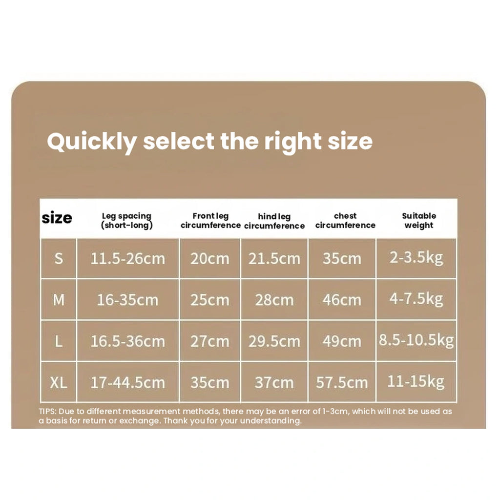 HiDREAM carrier size chart for S through XL