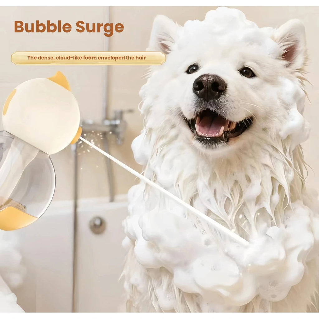 Dog beside pet bath bubble maker applying foam