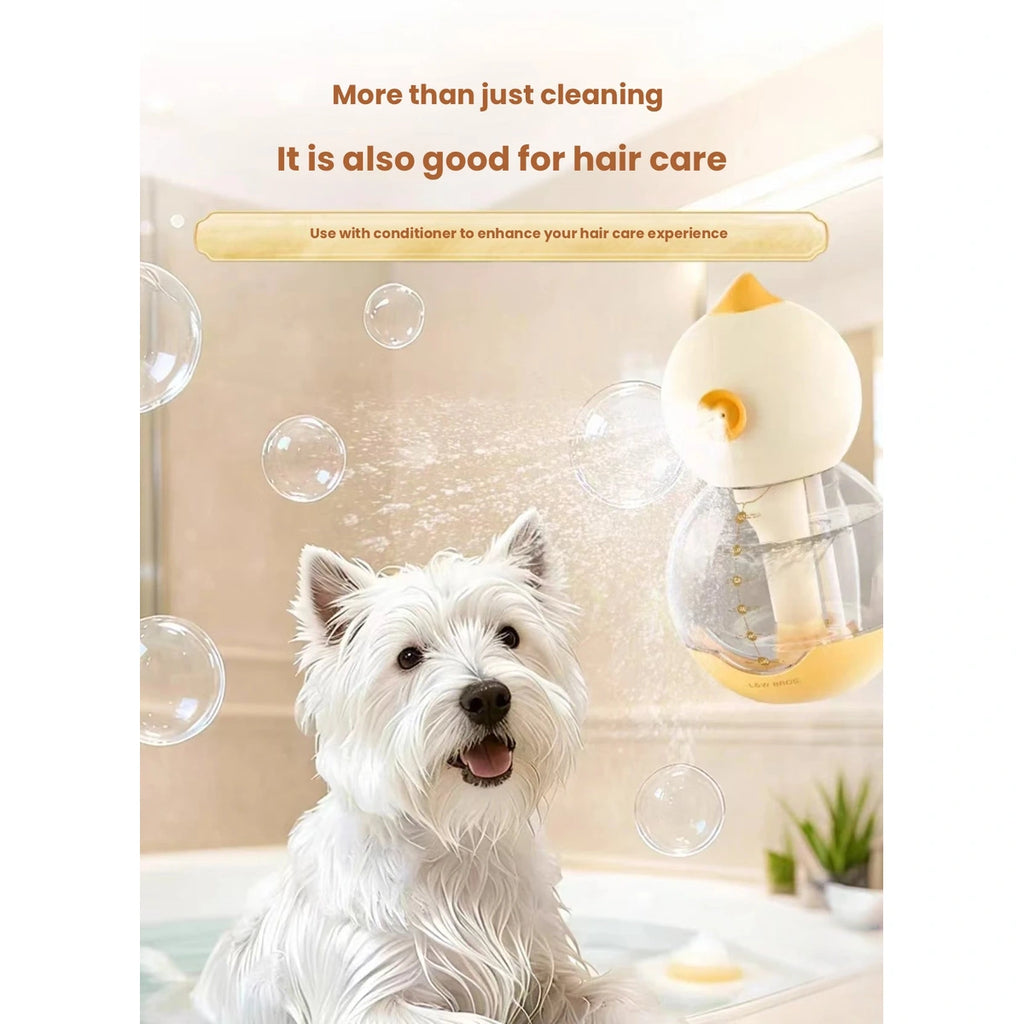 Dog near bubbles made with handheld bath tool