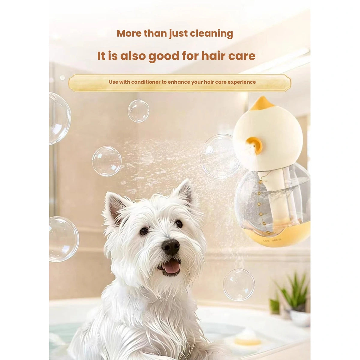Dog near bubbles made with handheld bath tool
