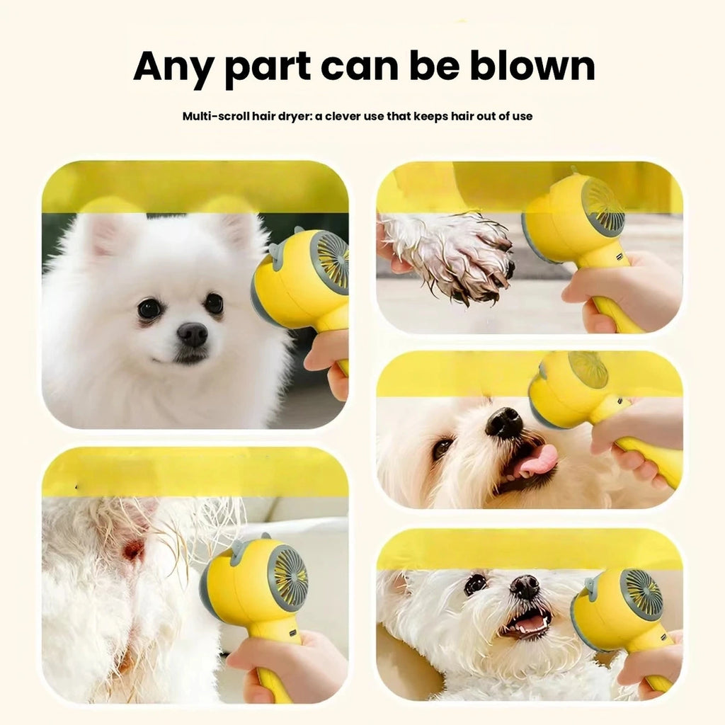 Yellow pet dryer pictured at several pet grooming positions