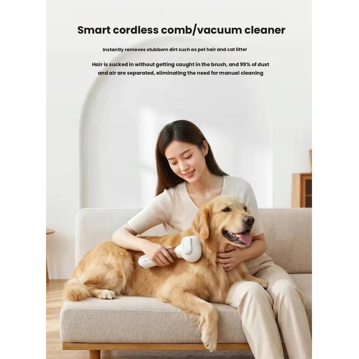 Woman grooming dog using Ckin Pet cordless vacuum