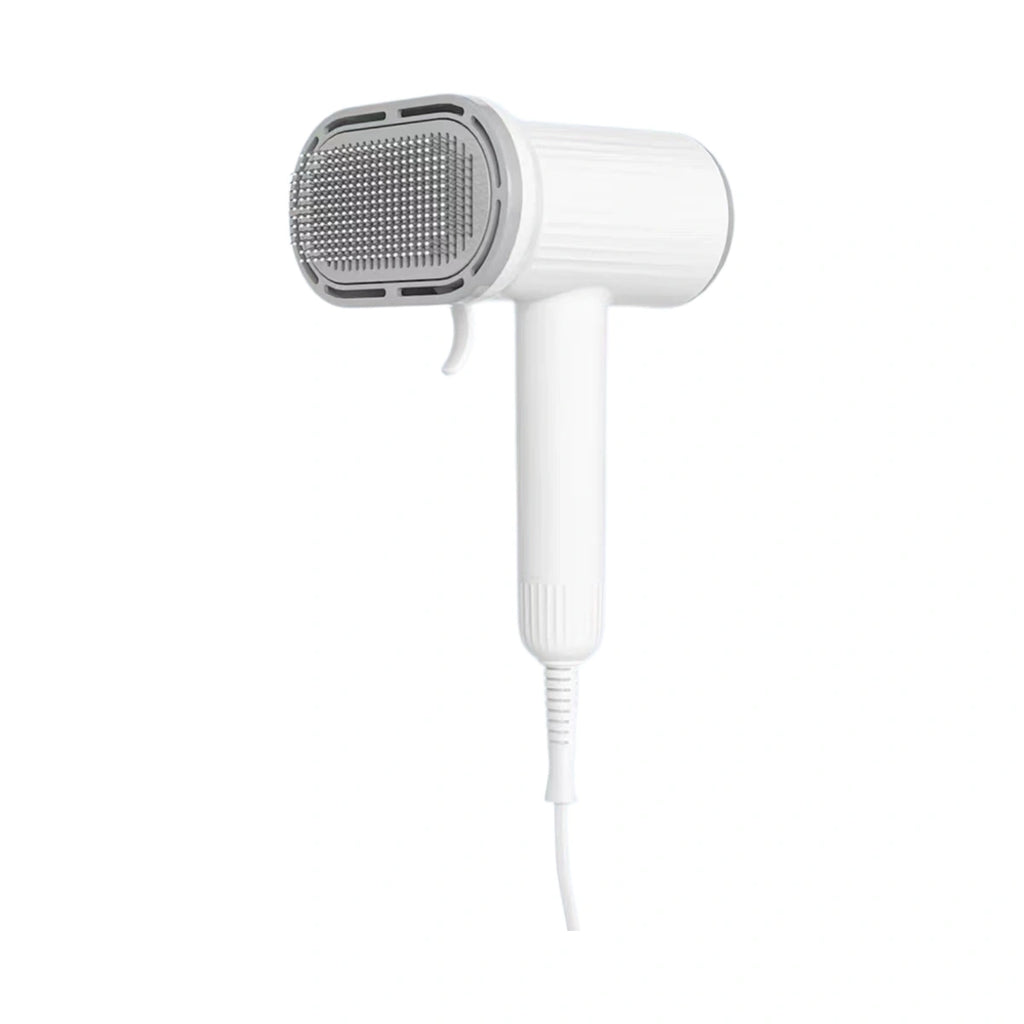 White handheld dog hair dryer with removable brush head