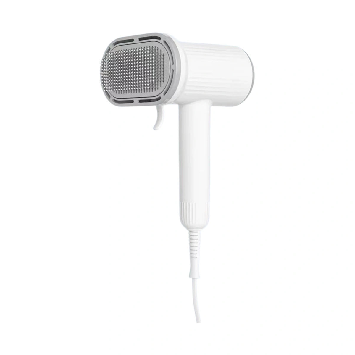 White handheld dog hair dryer with removable brush head