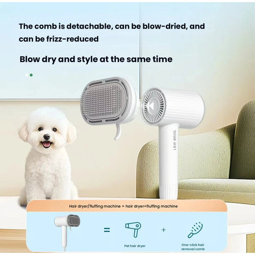 Dog hair dryer and detachable comb-style head diagram