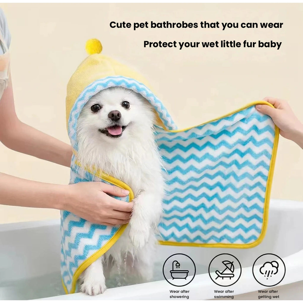 Dog bathrobe wrapped around small white dog