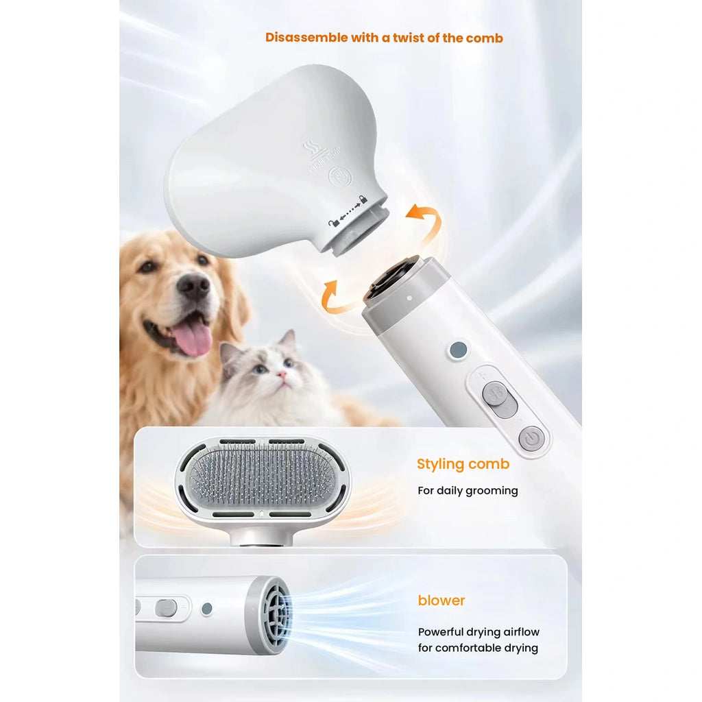 Pet dryer detachable head and airflow settings diagram