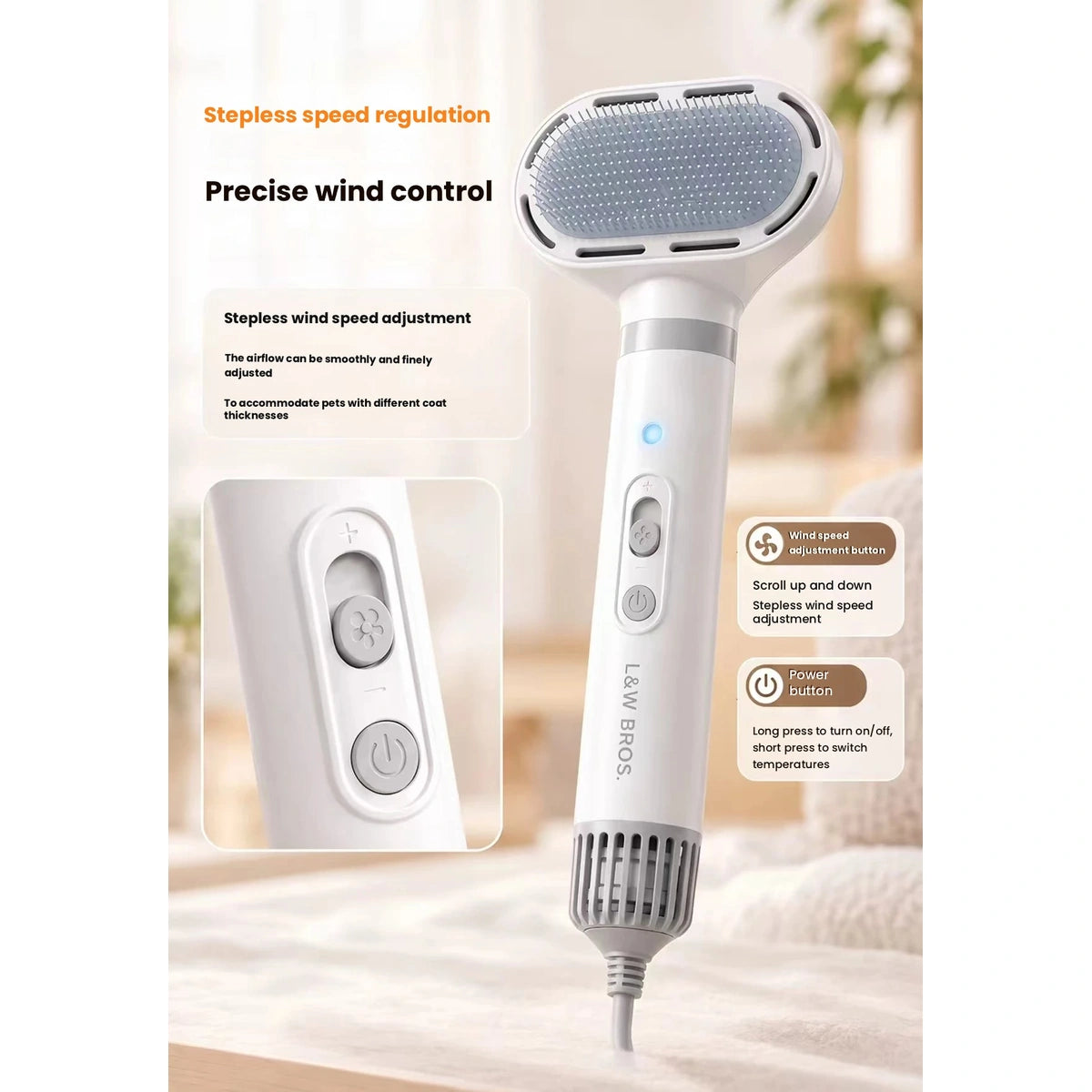 Pet dryer hand grip and speed control panel