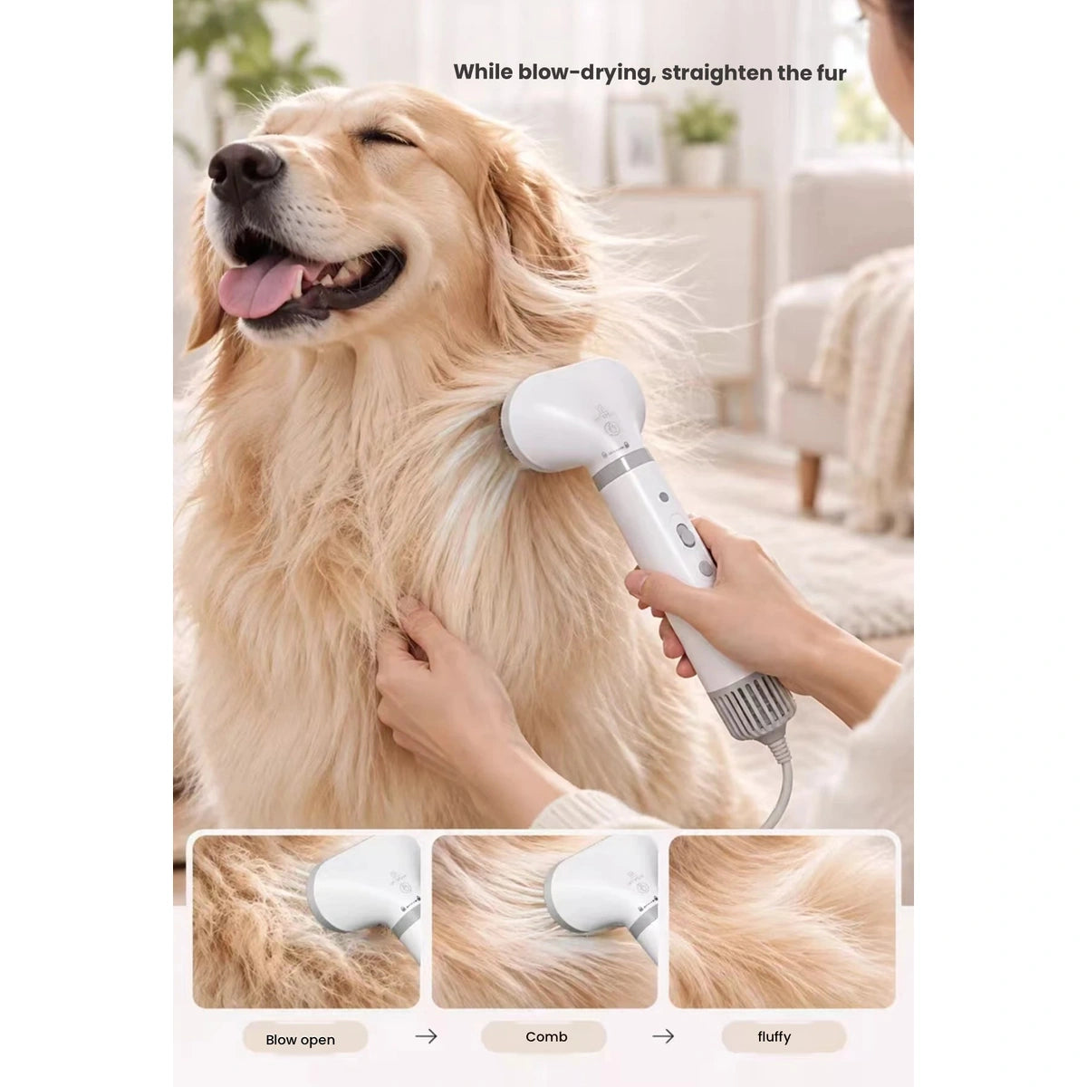 Dog being dried with white handheld pet dryer