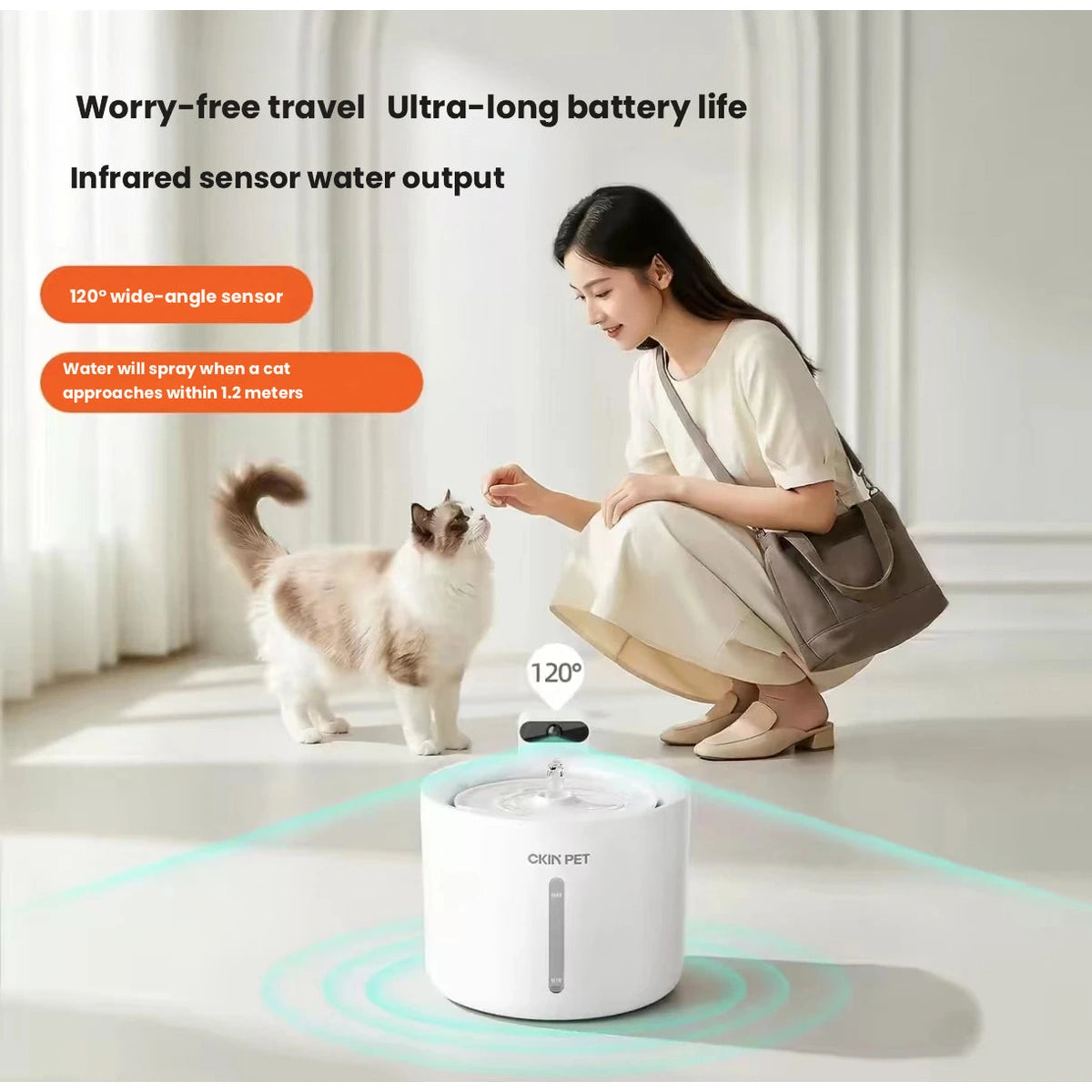 Ckin Pet cordless water fountain in a home