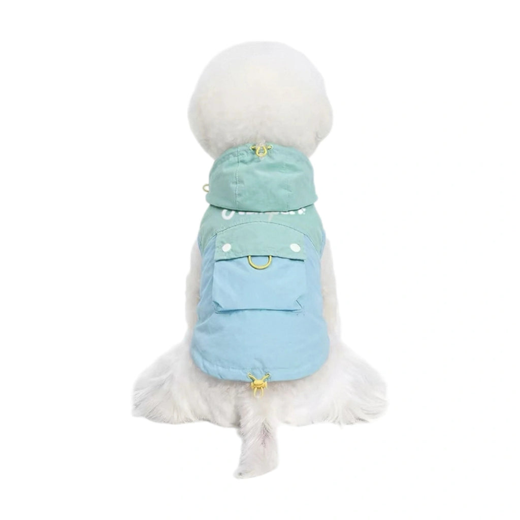 Mr.shoes blue dog cooling vest shown from behind on a white dog