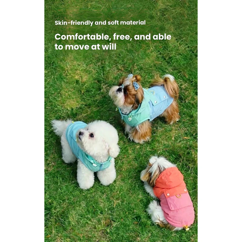 Three dogs wearing cooling vests on grass