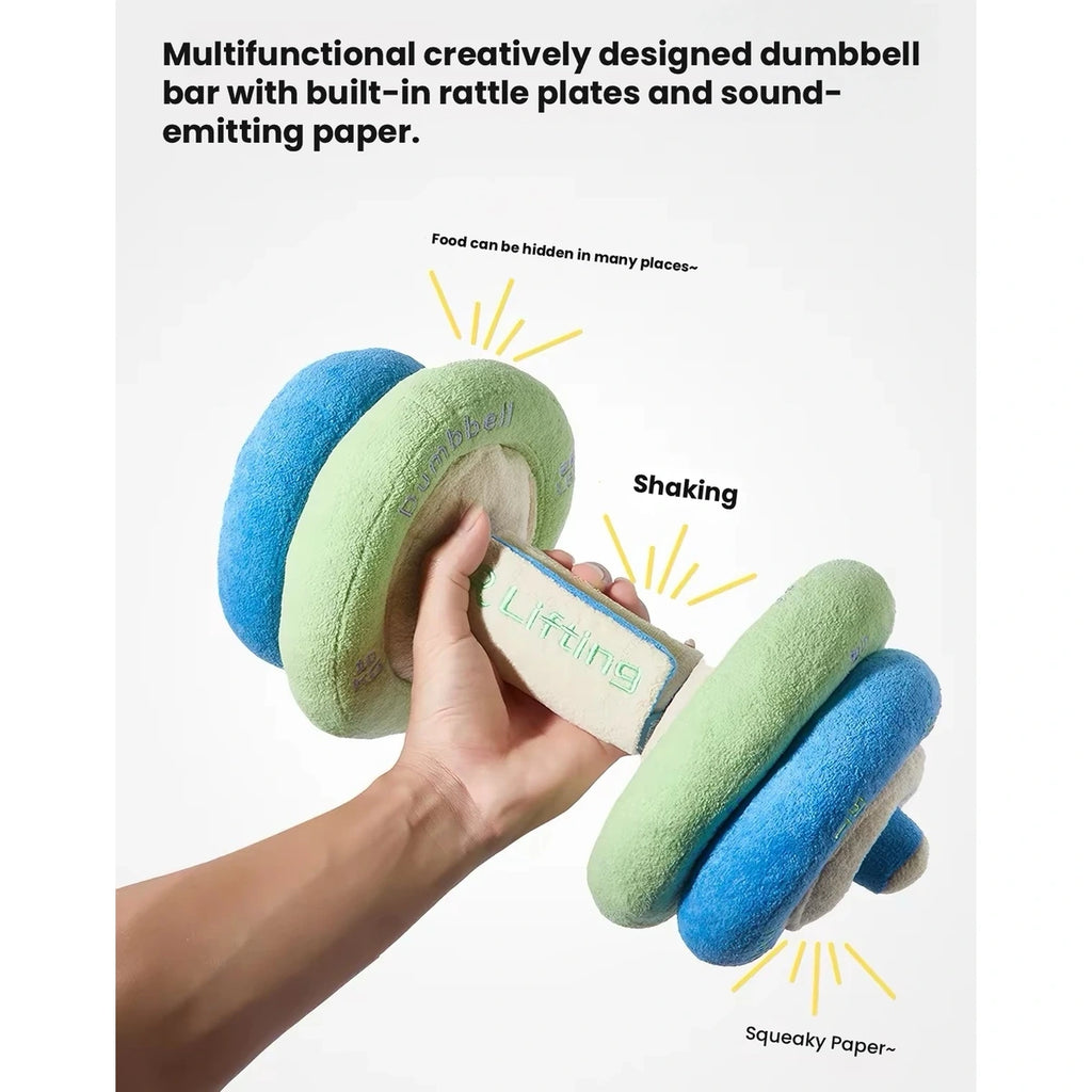 Raisingwell dumbbell plush toy held in one hand