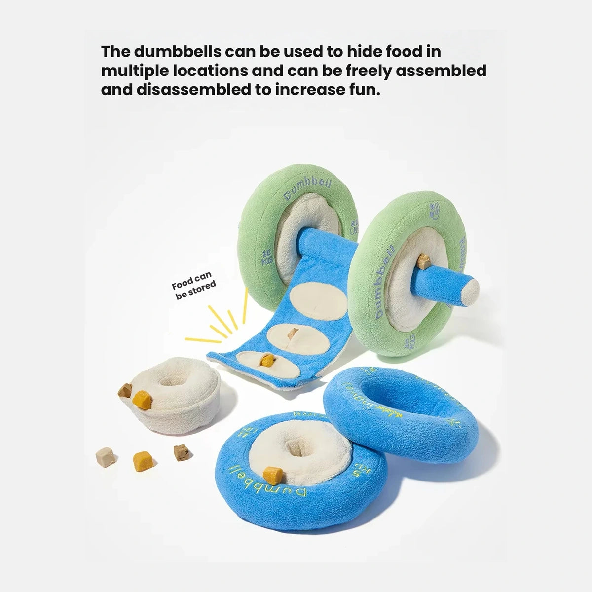 Raisingwell dumbbell toy with removable round sections and treats