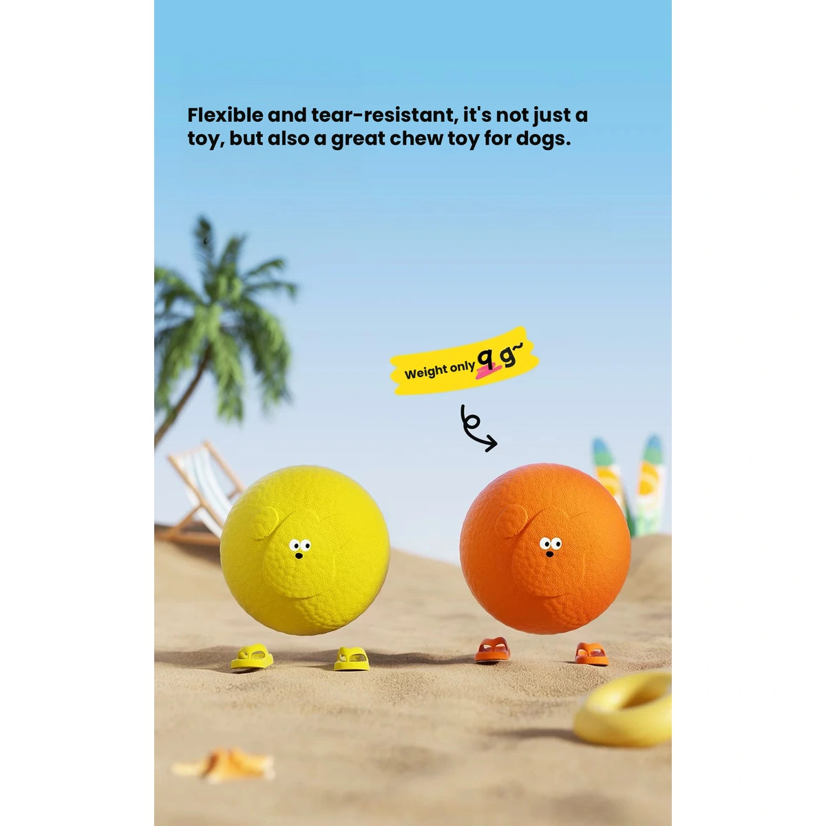 Yellow and orange Roroarrr dog balls on a beach
