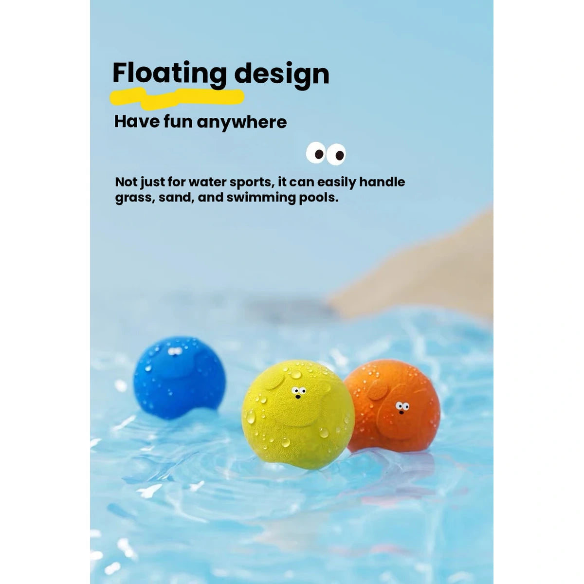 Blue, yellow and orange Roroarrr dog balls floating in water
