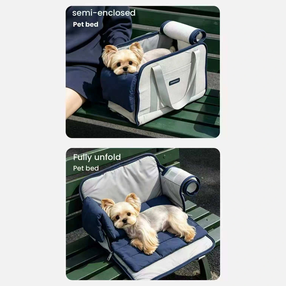 POPOCOLA dog carrier shown open and partly closed