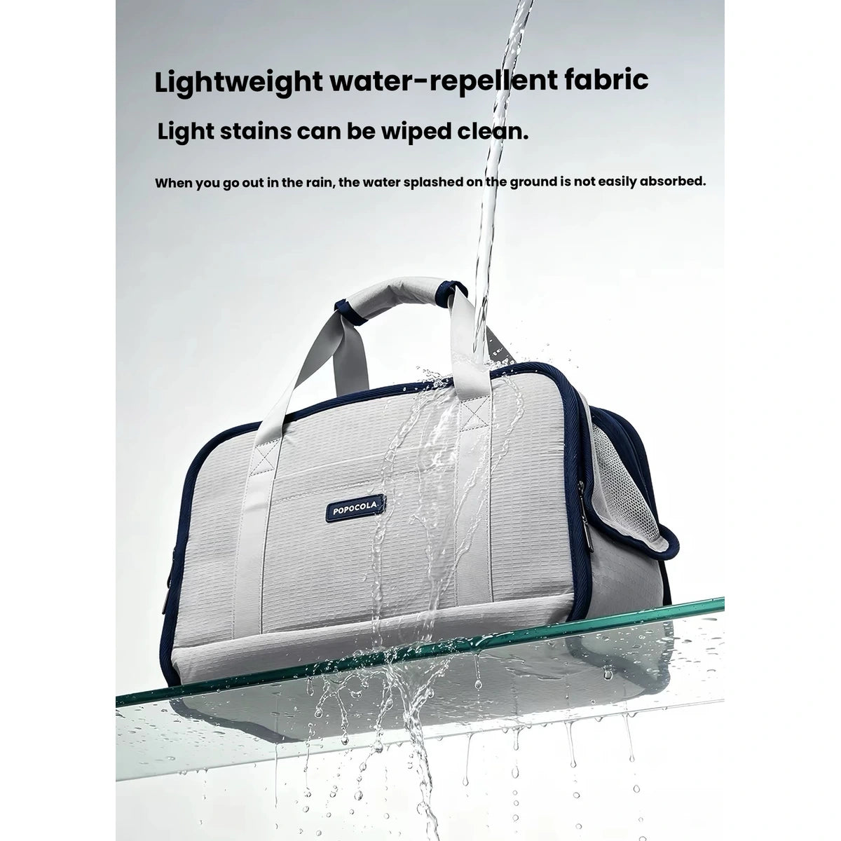 POPOCOLA pet carrier shown with water-resistant outer fabric