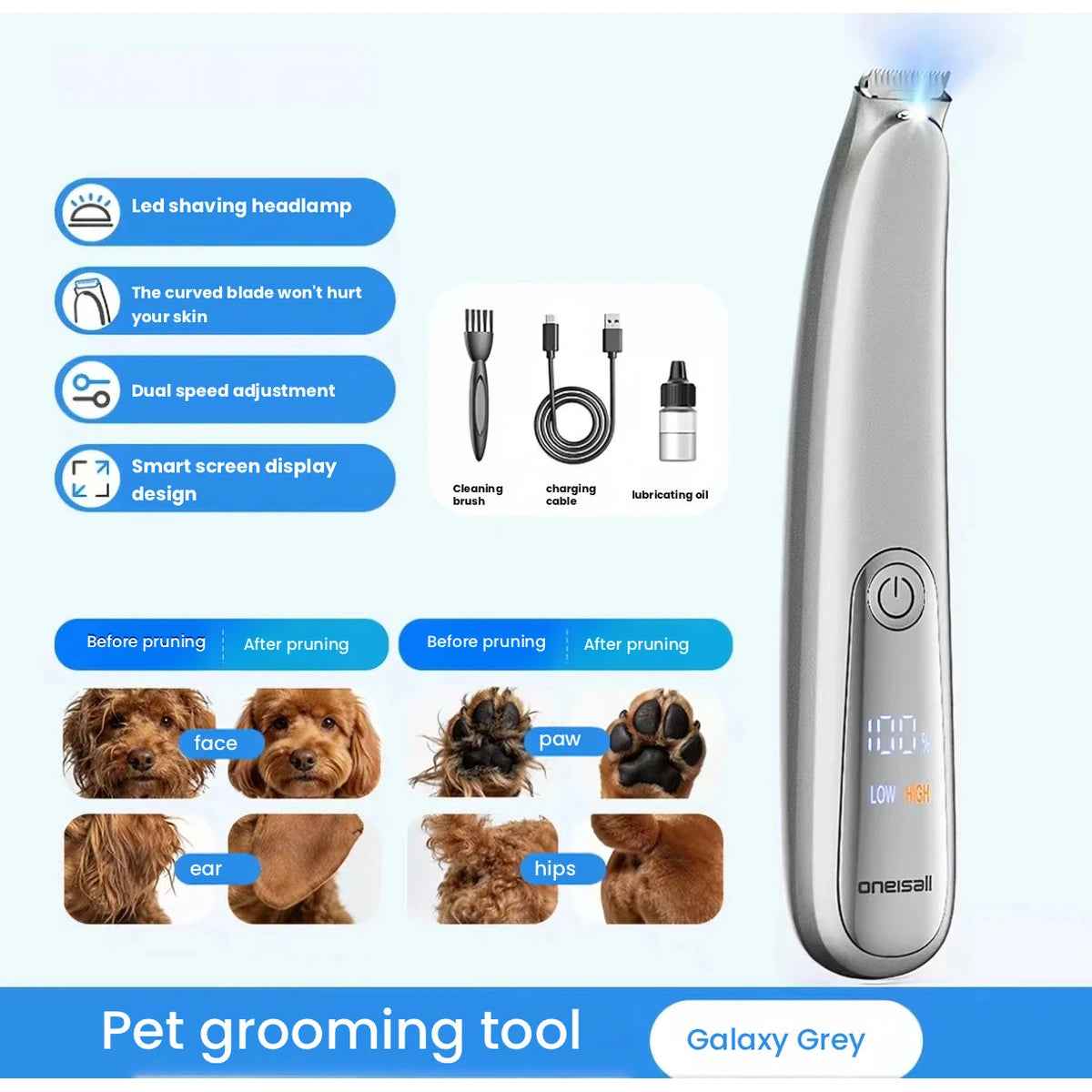 Grey oneisall pet trimmer with grooming attachments