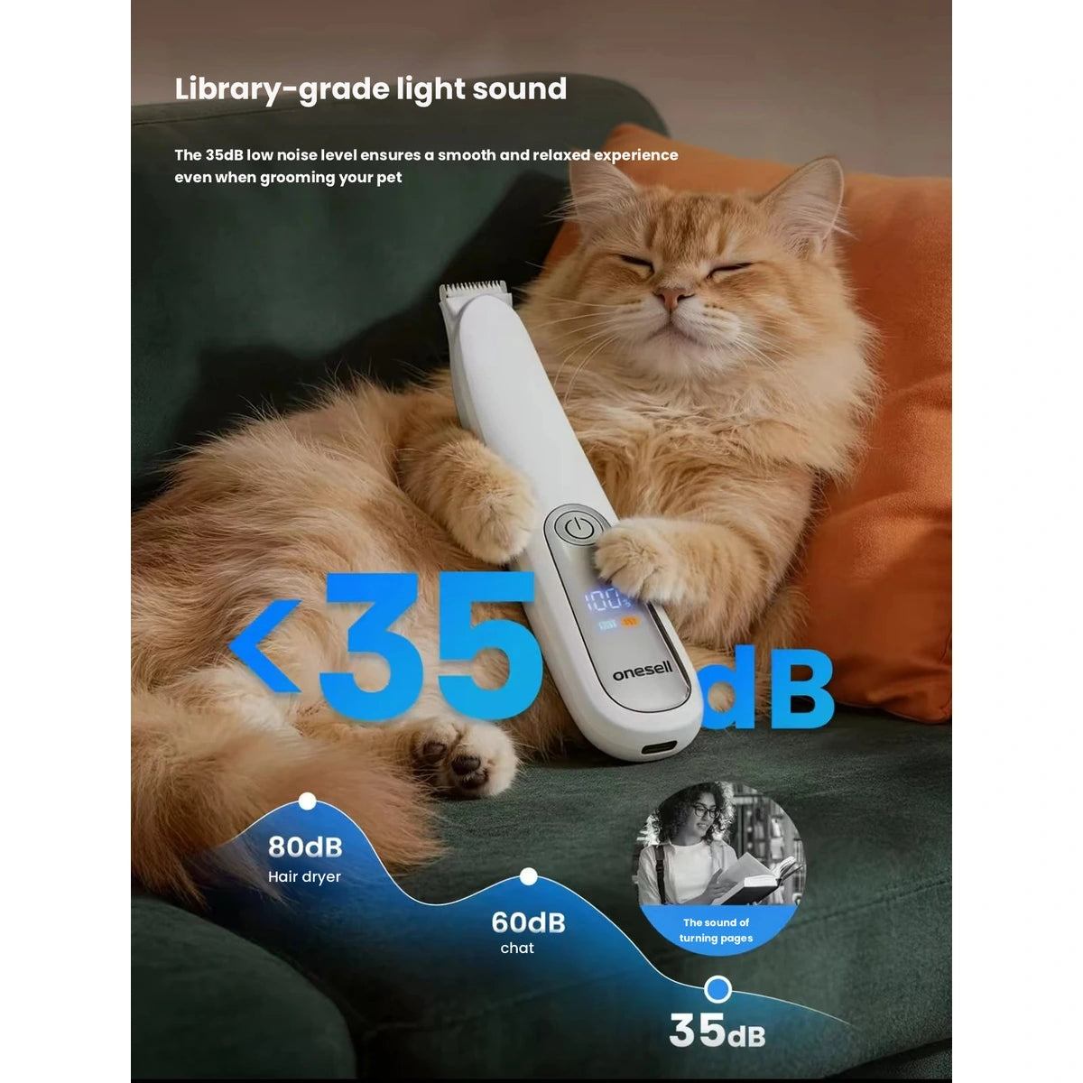 oneisall trimmer noise-level illustration beside a cat