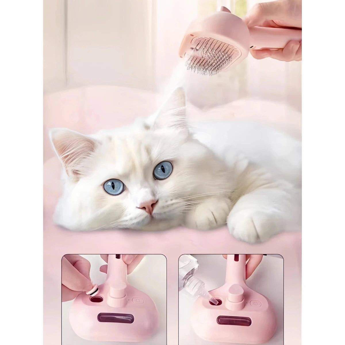 休んでいる白猫の毛づくろいに使用されるピンクのペット用ブラシ