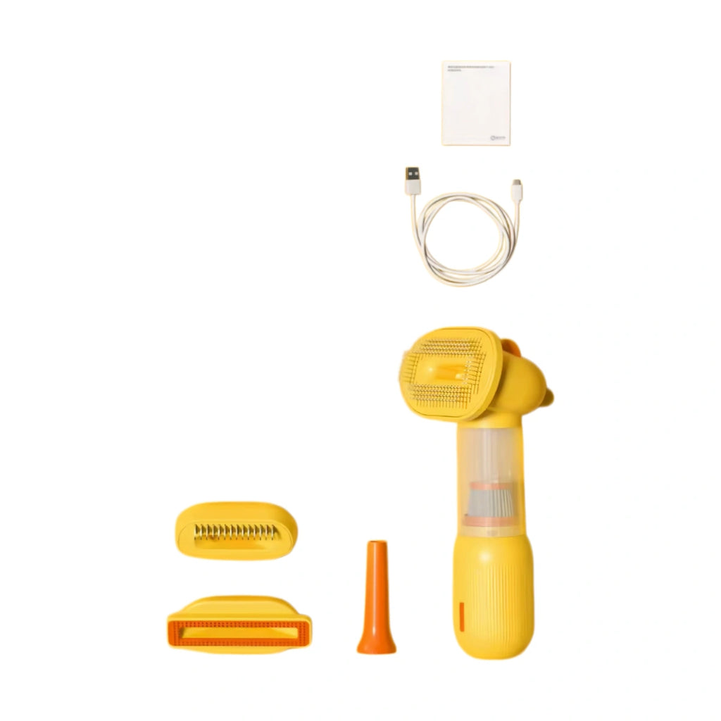 Yellow cordless pet hair remover with comb attachments