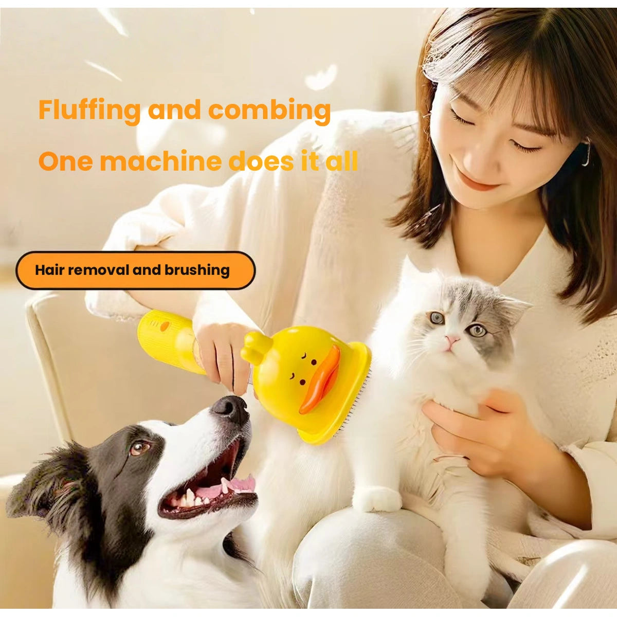 Person using yellow cordless grooming brush on dog and cat