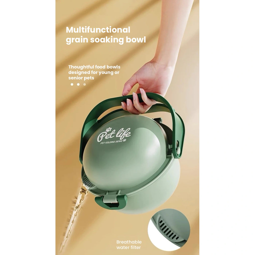 Jkulning dual pet bowl: green travel bowl carried by its handle