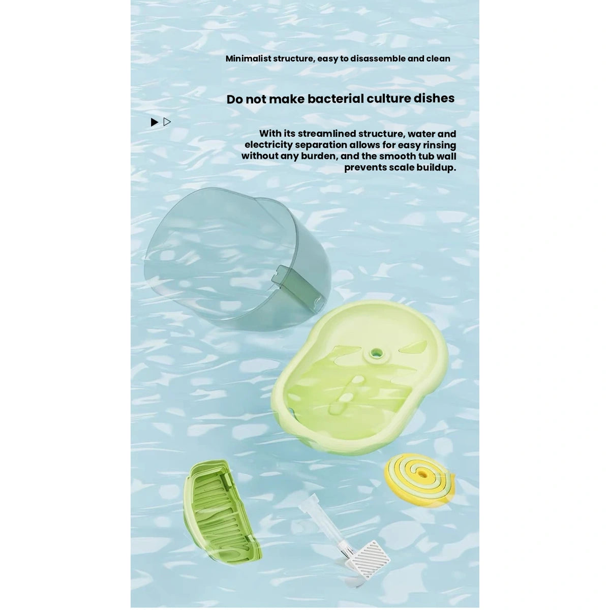 Pukaco pet fountain: exploded view of green fountain parts