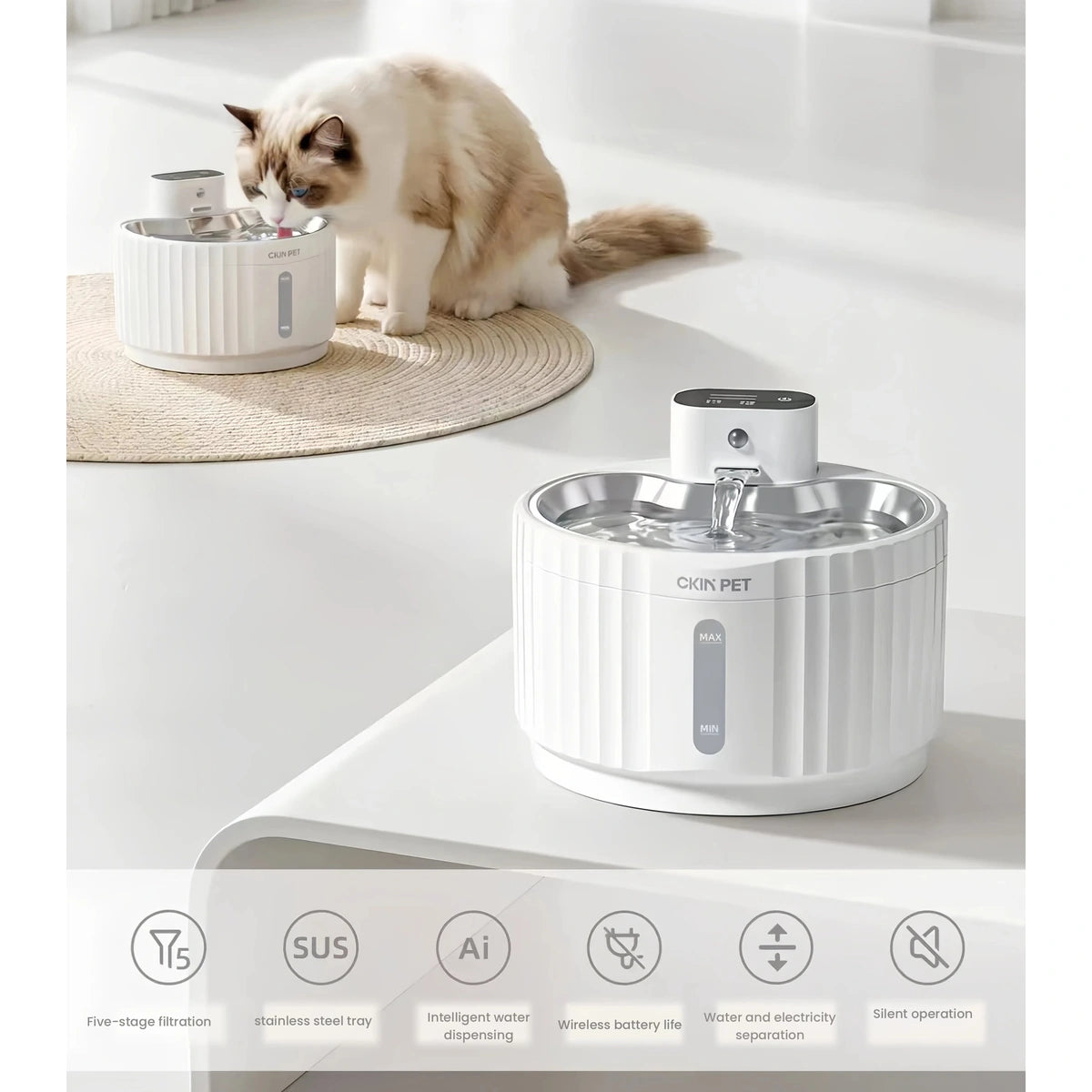 Ckin Pet cat fountain: white Ckin fountain with steel drinking tray