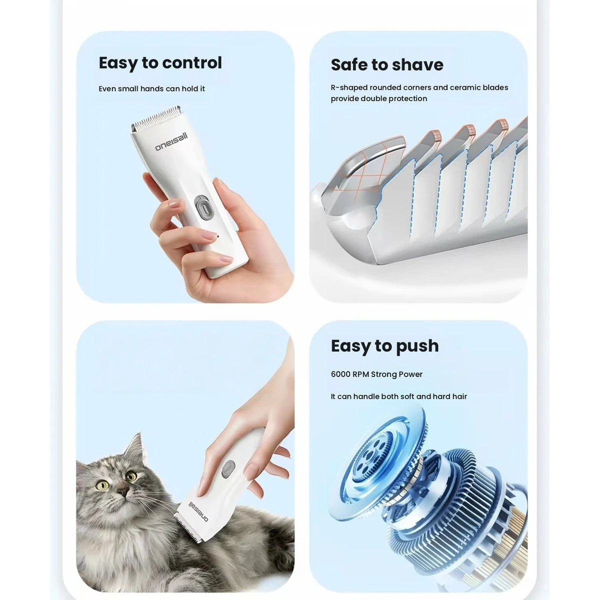 Oneisall pet trimmer: hand controls and removable trimmer head