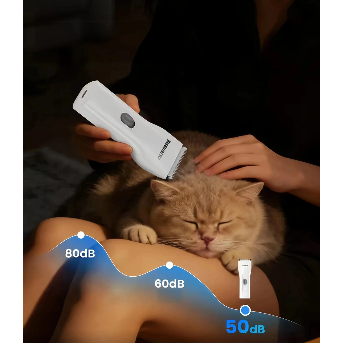 Oneisall pet trimmer: cat being groomed with low-noise trimmer
