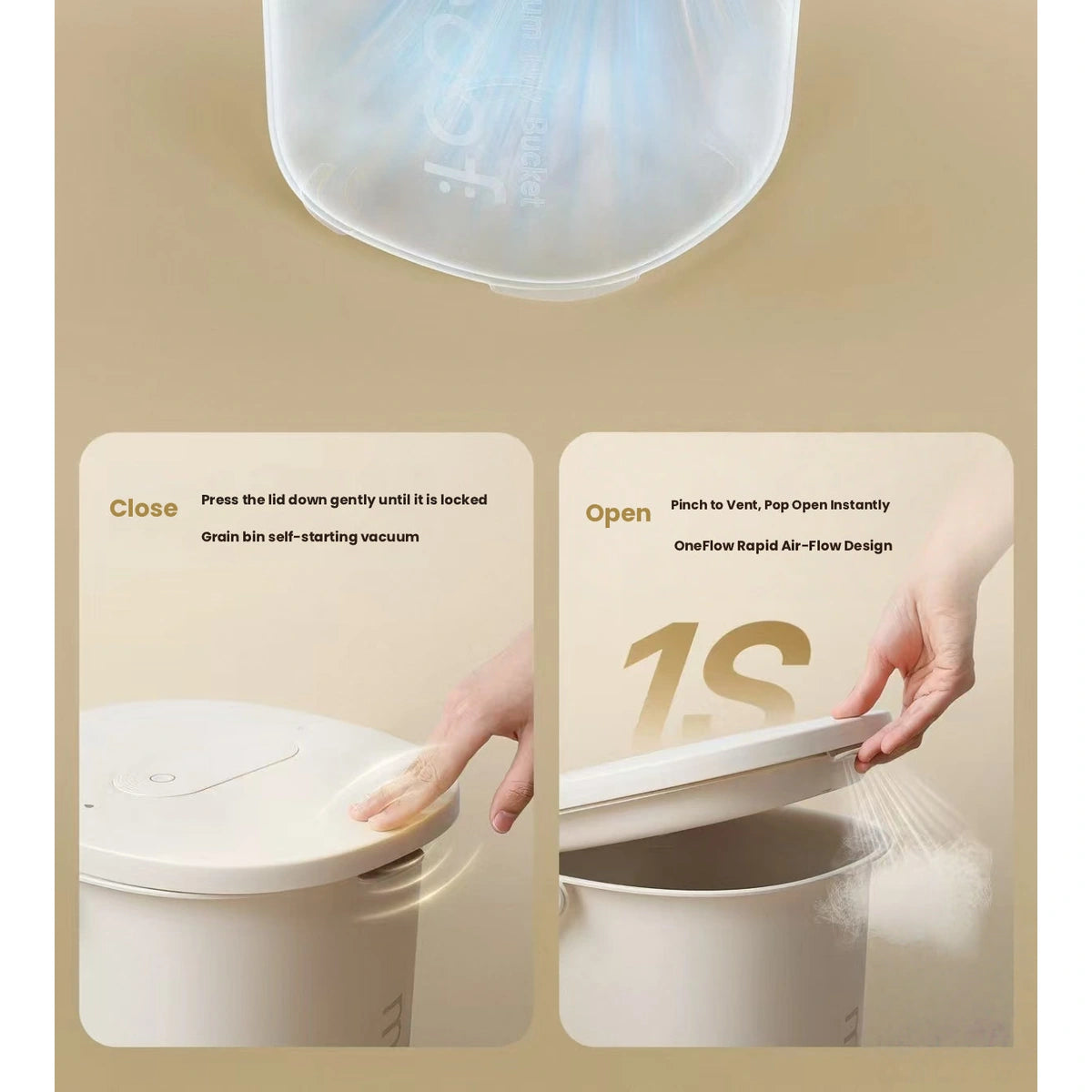 Meoof food storage bin: hand opening storage container lid