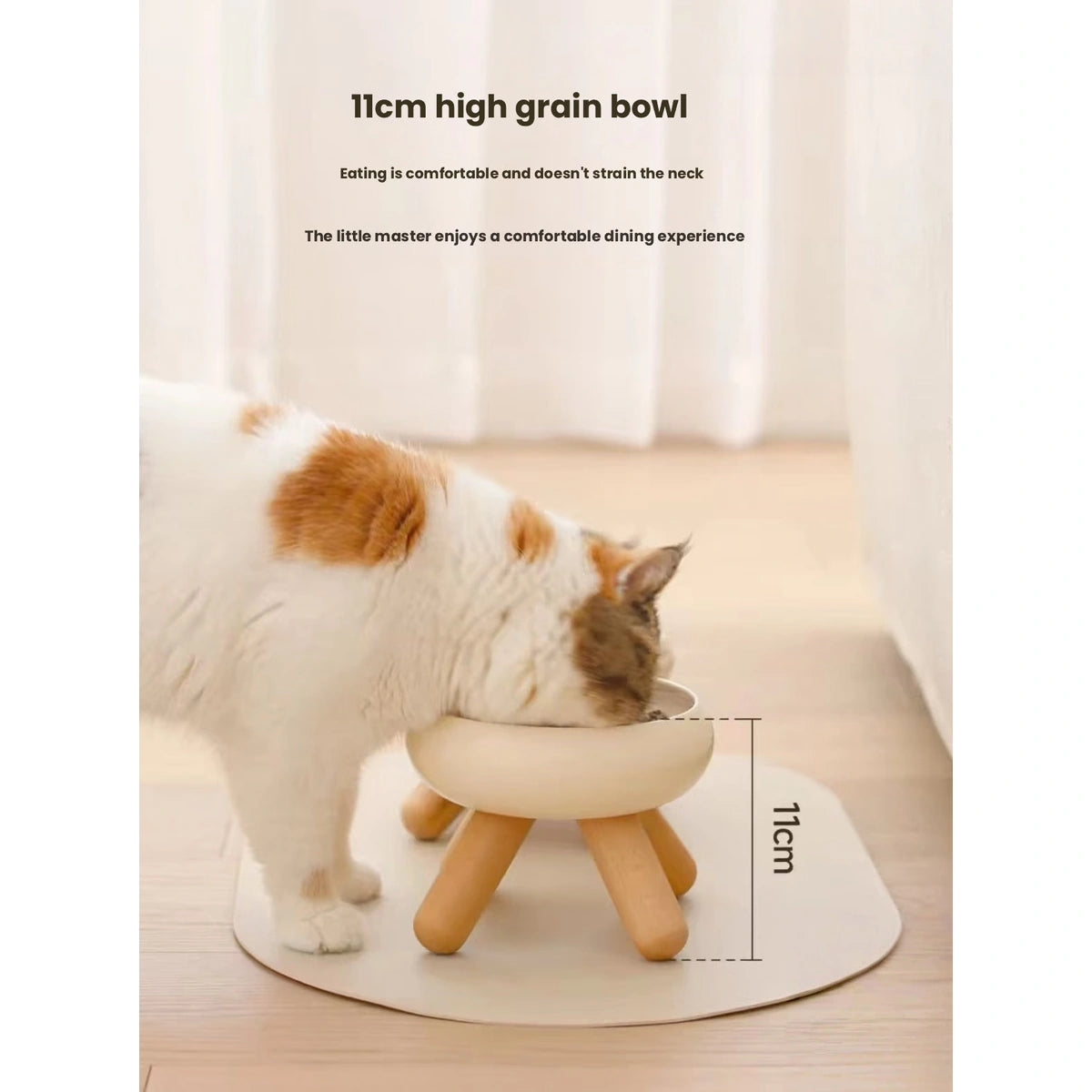 Meoof Gulu pet bowl: raised bowl height shown beside cat