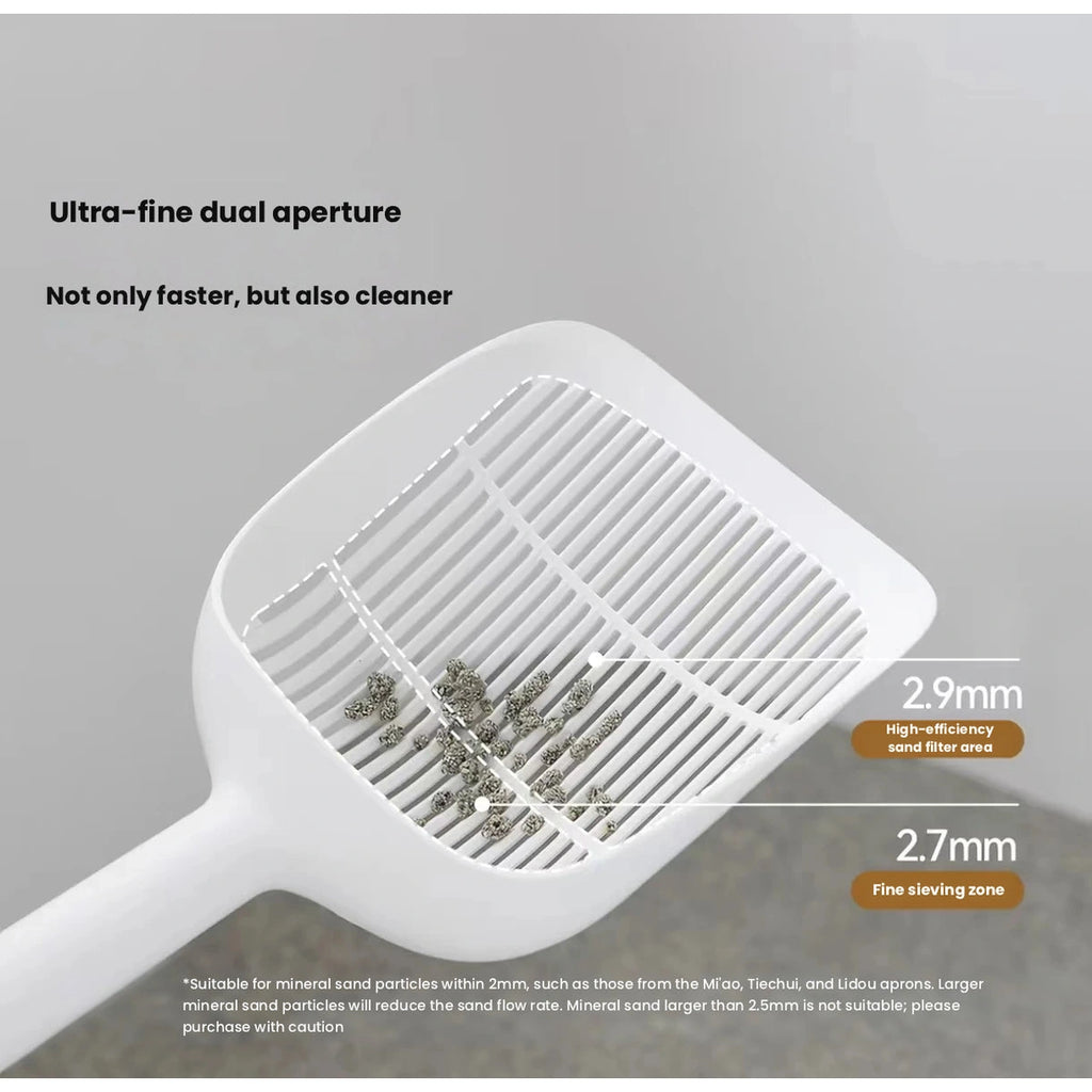 Meoof cat litter scoop: slot widths illustrated on scoop