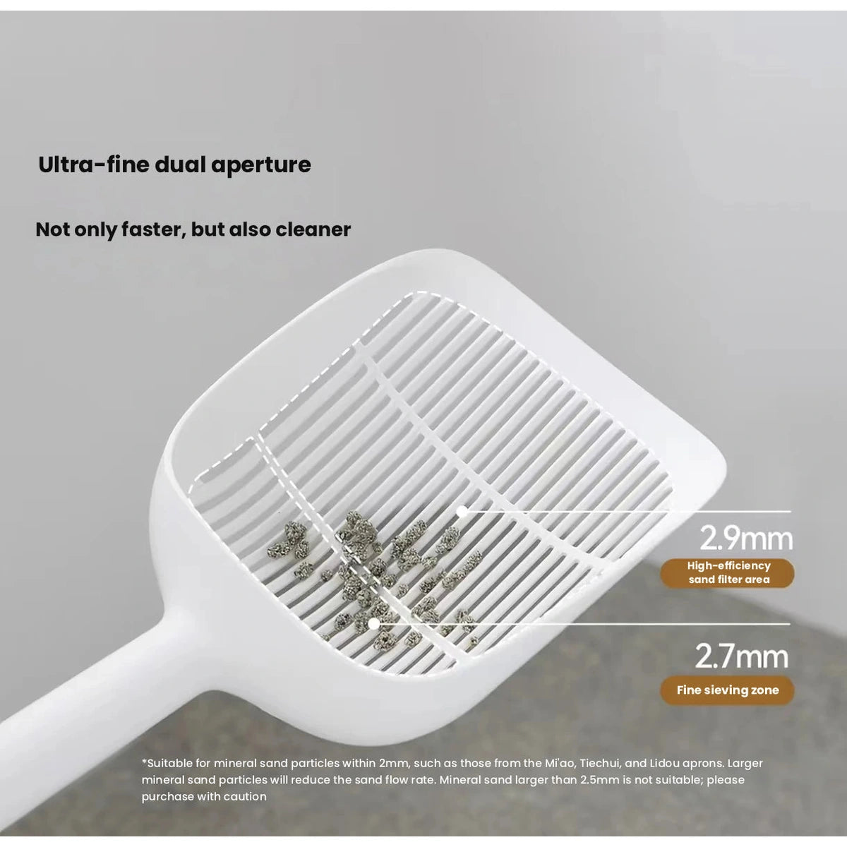 Meoof cat litter scoop: slot widths illustrated on scoop