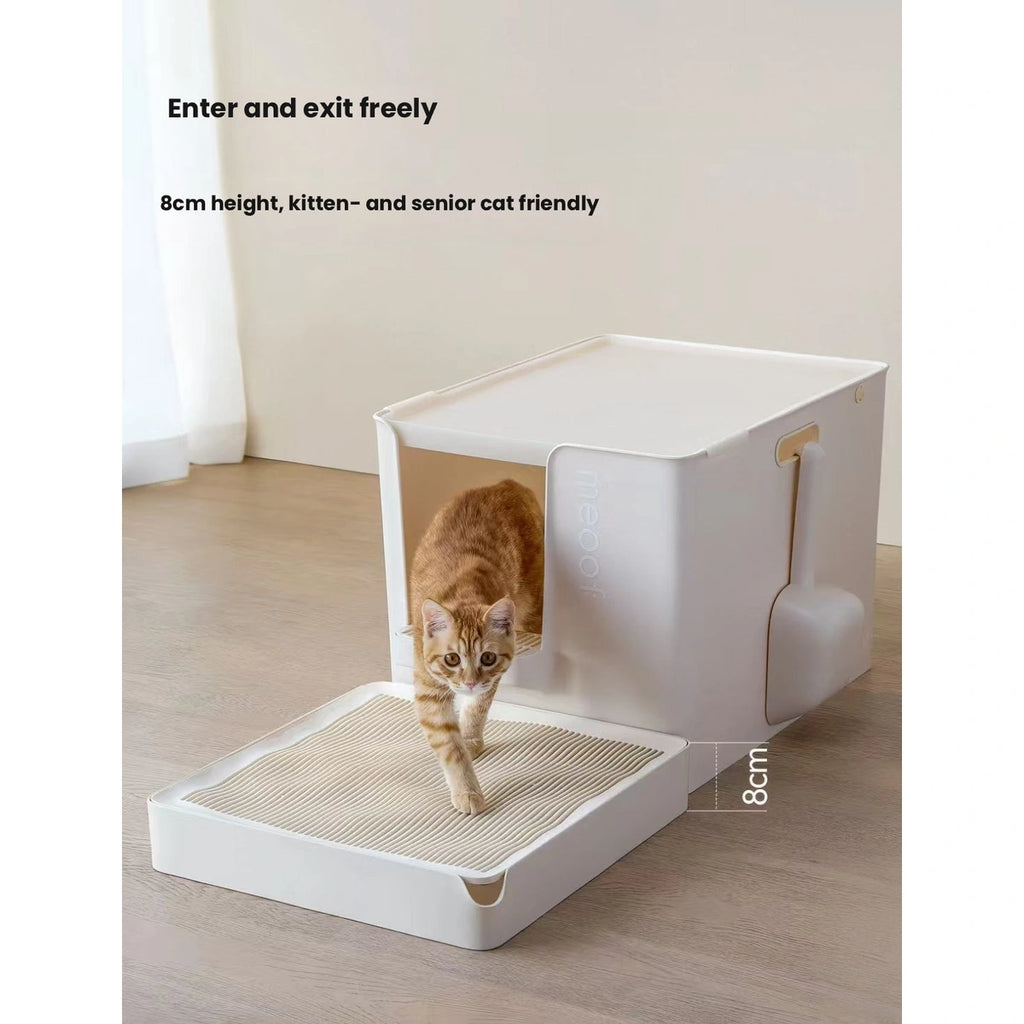 Meoof cat litter ramp: cat walking down litter ramp