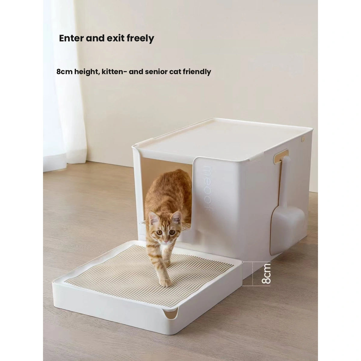 Meoof cat litter ramp: cat walking down litter ramp