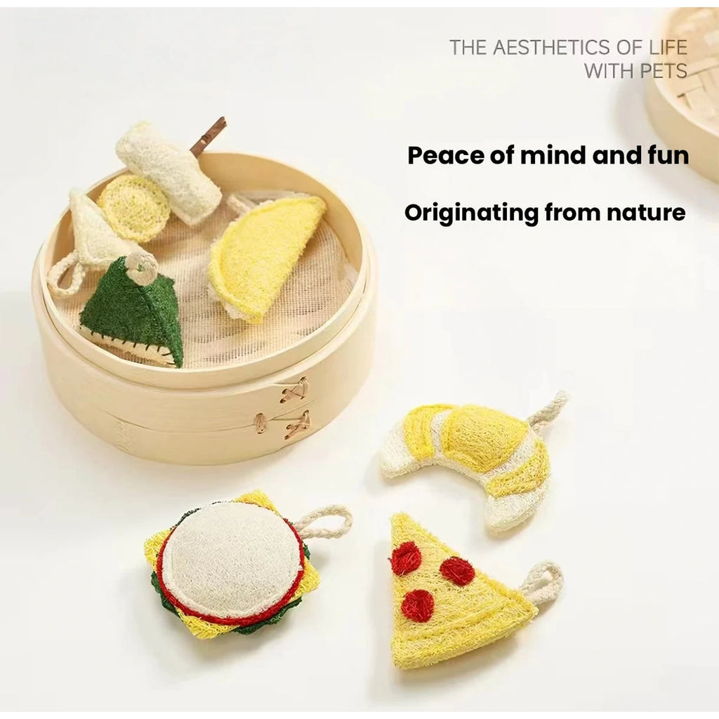 Food-themed Meoof cat toys arranged in a bowl
