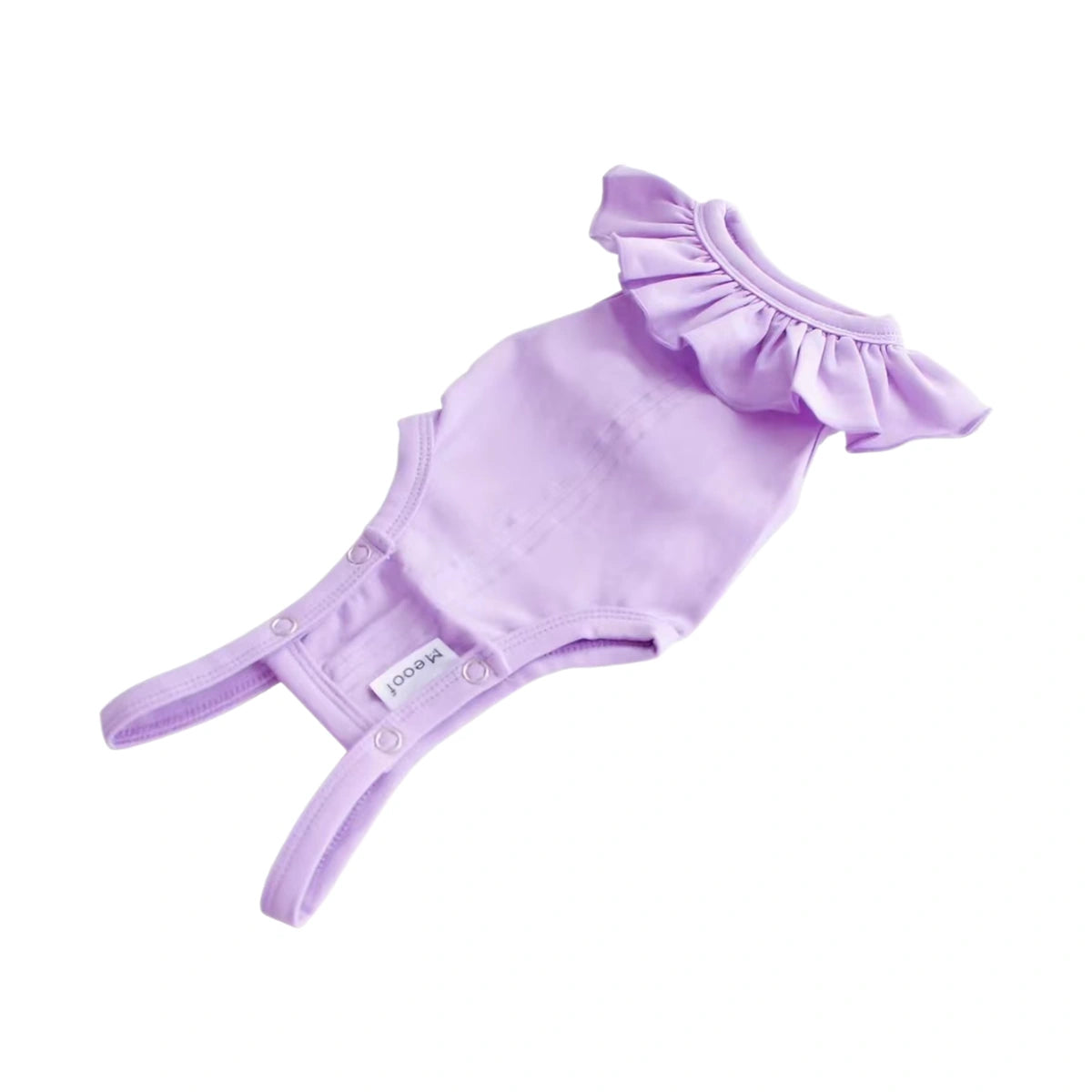 Purple Meoof cat recovery-style suit laid flat